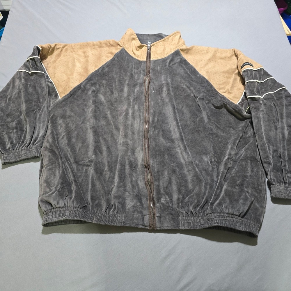Adolfo Sport Track Jacket Mens XL Grey Tan Velour Perforated Full Zip Vintage